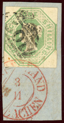 1 Shilling grün, viereckig links knapp berührt sonst allseits ...