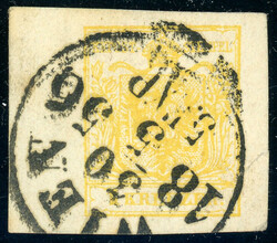 Handpapier, 1 Kr. gelb, riesenrandiges linkes Luxusrandstück 9mm mit ...