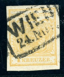 Handpapier, 1 Kr. gelb Type Ia Pl. 1, voll- bis breitrd. Kab-Stück ...