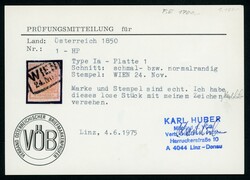 Handpapier, 1 Kr. gelb Type Ia Pl. 1, voll- bis breitrd. Kab-Stück ...