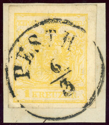 Handpapier, 1 Kr. zitronengelb auf Luxusbfst. mit idealem K1 PESTH