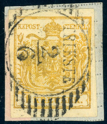 Handpapier, 1 Kr. ockergelb, breitrd. a. Luxusbfst. mit Balkenstempel ...