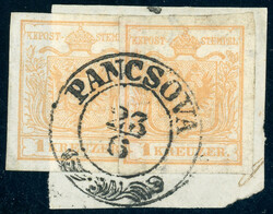 Handpapier, 1 Kr. gelbocker, 2 breitrd. Werte etwas übereinander auf ...