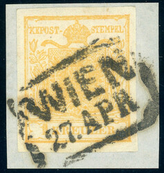 Handpapier, 1 Kr. gelbocker auf Luxusbfst. mit idealem Ra2 WIEN