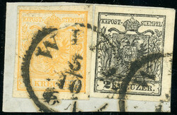 Handpapier, 1 Kr. orange mit 2 Kr. schwarz, beide breitrd. a. ...