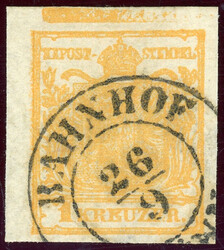 Handpapier, 1 Kr. orange, breitrandiges linkes Randstück mit oben ...