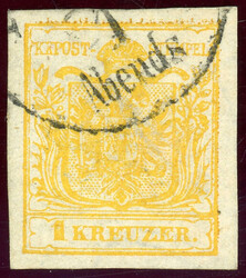 Handpapier, 1 Kr. kadmiumgelb mit Wz. über die ganze Marke, voll- ...