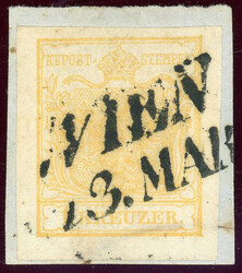 Handpapier, 1 Kr. kadmiumgelb, breitrd a. Luxusbfst. mit L2 WIEN