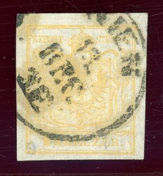 Handpapier, 1 Kr. gelb mit doppelseitigem Druck, breitrd. Kab-Stück ...