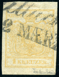 Handpapier, 1 Kr. gelb quadrill. Papier, doppelseitiger Druck, ...