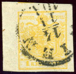 Handpapier, 1 Kr. gelb, linkes Randstück (5mm) mit K1 WIEN