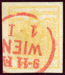 Maschinenpapier, 1 Kr. gelb mit sehr sauberem roten K1 WIEN, allseits ...