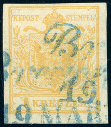 Maschinenpapier, 1 Kr., gelb, voll- bis breitrd. Luxusstück mit ...