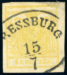 Maschinenpapier, 1 Kr. hellgelb, breitrd. Kab-Stück mit zentr. ...