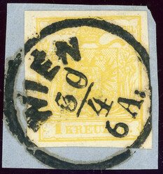 Maschinenpapier, 1 Kr. gelb auf Luxusbfst. mit idealem K1 WIEN