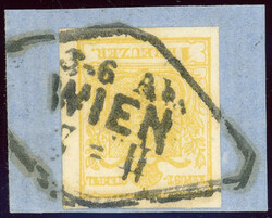 Maschinenpapier, 1 Kr. gelb auf Luxusbfst. mit Rautenst. WIEN, gepr. ...