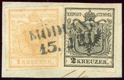Maschinenpapier, 1 Kr. orangegelb mit 2 Kr. schwarz auf Luxusbfst. ...