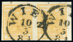 Maschinenpapier, 1 Kr. orange, waager. rechtes Luxusrandpaar mit 2mal ...