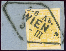 Maschinenpapier, 1 Kr. gelb auf Luxusbfst. mit Rautenstempel WIEN