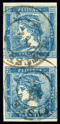 0,6 Kr. blau Type I, senkrechtes voll- bis breitrd. Luxuspaar mit 2 ...