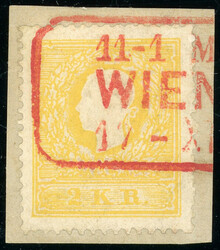 2 Kreuzer dunkelgelb Type I auf Bfst. mit seltenem roten Ra3 WIEN auf ...