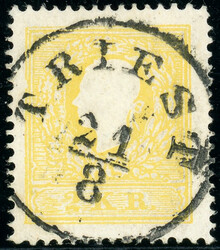 2 Kr. gelb Type II mit Idealstempel TRIEST 21/8, kaum besser möglich ...