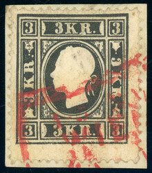 3 Kr. schwarz T. Ib auf Kab-Bfst. mit rotem Schnallenst. WIEN, sign. ...