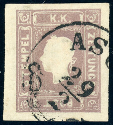 1,05 Kr. dunkellila, breitrandiges Luxusstück mit Zier-K1 ASCH ...