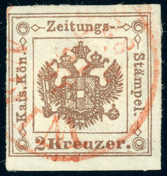 2 Kr Type III, voll- bis breitrd. Kab-Stück mit zentr. roten K1 WIEN ...