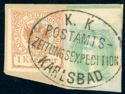 1 Kr. braun in MiF mit grüner Zeitungsmarke auf Kab-Bfst. mit Ovalst ...