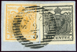 Handpapier, 5 C. ockergelb mit 10 C. schwarz als dek. MiF auf ...