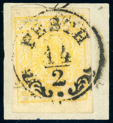 PESTH 14/2, Zier-K1 a. Luxusbfst. 1 Kr. hellgelb, Ryan 1211