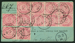 2 Mk. dunkelrotkarmin, waager. Neunerblock mit waager. Paar a. ...