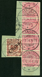 2 Mk., Viererstreifen und 50 Pfg. Aufdruck sowie rücks. noch ein ...