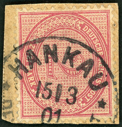 2 Mk. rötlichkarmin auf Kab-PA mit seltenem Stempel HANKAU 15/3 01, ...