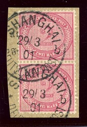 2 Mk. rötlichkarmin im senkr. Paar a. Luxus-PA SHANGHAI *b 29/3 01, ...