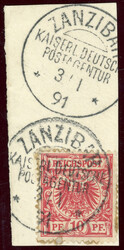 10 Pfg. lebhaftrosarot auf Kab-Bfst. mit 2mal ZANZIBAR 3/1 91,gepr. ...