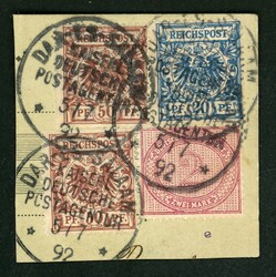 2 MK. mit 20 Pfg. mittelblau und 2mal 50 Pfg. a. PA mit sauberen St. ...