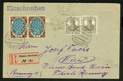 2mal 2 1/2 Pfg. Germ. mit Paar 15 Pfg. Weimar a. R-Brief Heubude 19.3 ...