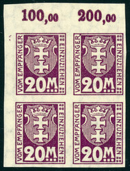 20 Mk. im extrem seltenen ungezähnten Viererblock aus der linken ...