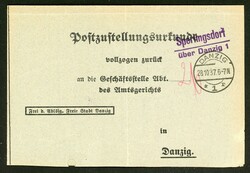 Sperlingsdorf/über Danzig 1, viol. L2 a. Zustellungsurkunde 28.10.37 ...