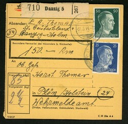 31.3.44, Paketkarte aus Danzig 5 mit Abs. SS "Deutschland"  ...
