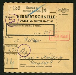 26.8.44, Gebühr bezahlt Paketkarte aus Danzig 5 mit viol.Lz.K1 5a  ...