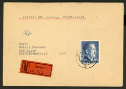 DANZIG 6a 12.1.45, überfrank. Wertbrief mit 5 Mk. Hitler nach Bad ...
