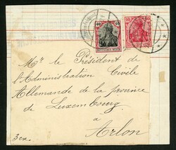 50 Cent. mit 10 Pf. Germania ohne Aufdr. a. Adressträger mit ...