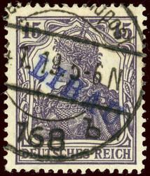 15 Pf. Germania mit violettblauem Aufdruck Typ II zentrisch gestpl. ...