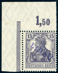 15 Pfg. violettblauer Aufdruck, linke obere Ecke Plattendruck, ...