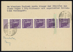 6 Pfg. im senkr. Unterrand Fünferstreifen mit geklebter Papierbahn, ...