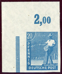 20 Pfg. ungezähnte linke obere Bogenecke, tadellos ungebr., KB Wehner