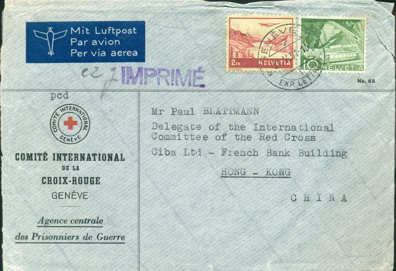 1951 (21.05.) Geneve, Rotes Kreuz, Luftpost-Drucksache nach Hong-Kong ...